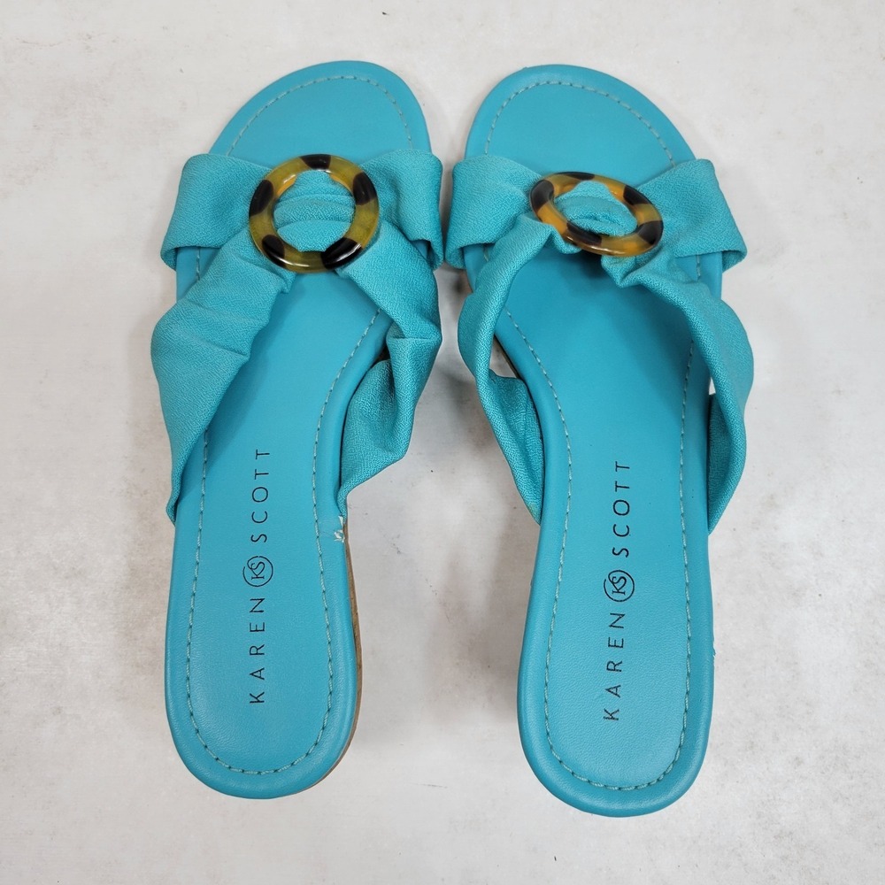 Karen Scott Turquoise Slide Sandals Women's 6.5M Tortoise Buckle Flats Trendy - Picture 5 of 8